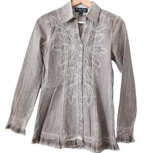Gretty Zueger Women's Button Down Shirt XS Lagenlook Art To Wear Embroidered EUC